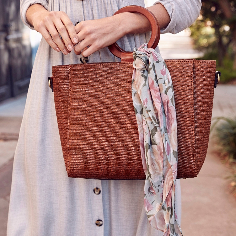Mariola Tote /Raffia Tobacco with Crackled Rose by Patricia Nash